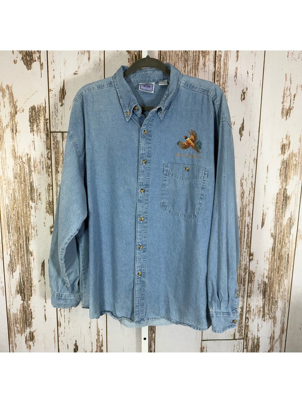 Blue Pointe, Men's Blue Denim Shirt with Pheasant Embroidered Design. Size XL.